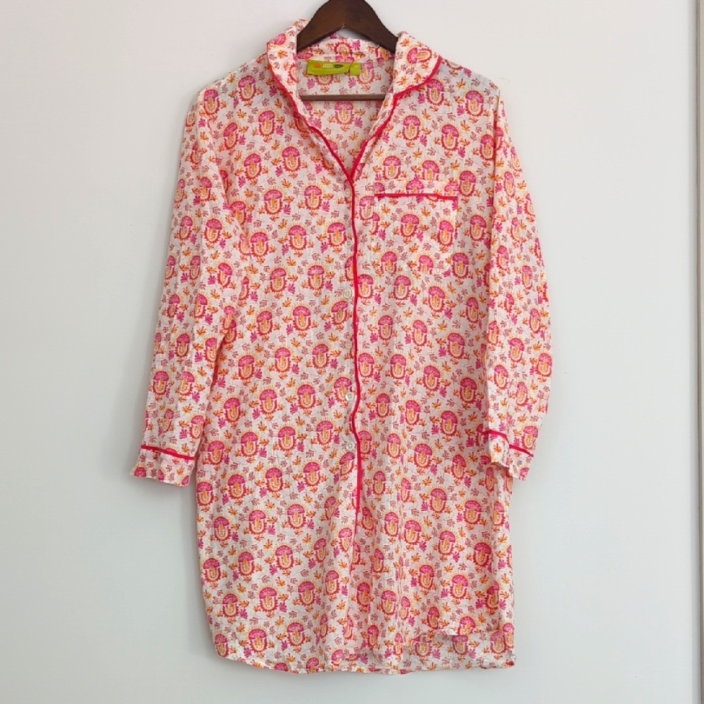Rock Flower Paper Floral Button-Up Nightshirt Pink‎ Orange Mushroom Cotton M